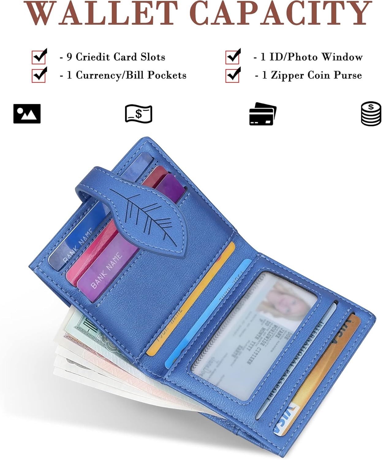 Detalle 2 de conisy Small Purses for Women with RFID Blocking – Shiny Blue Leather Bifold Wallet
