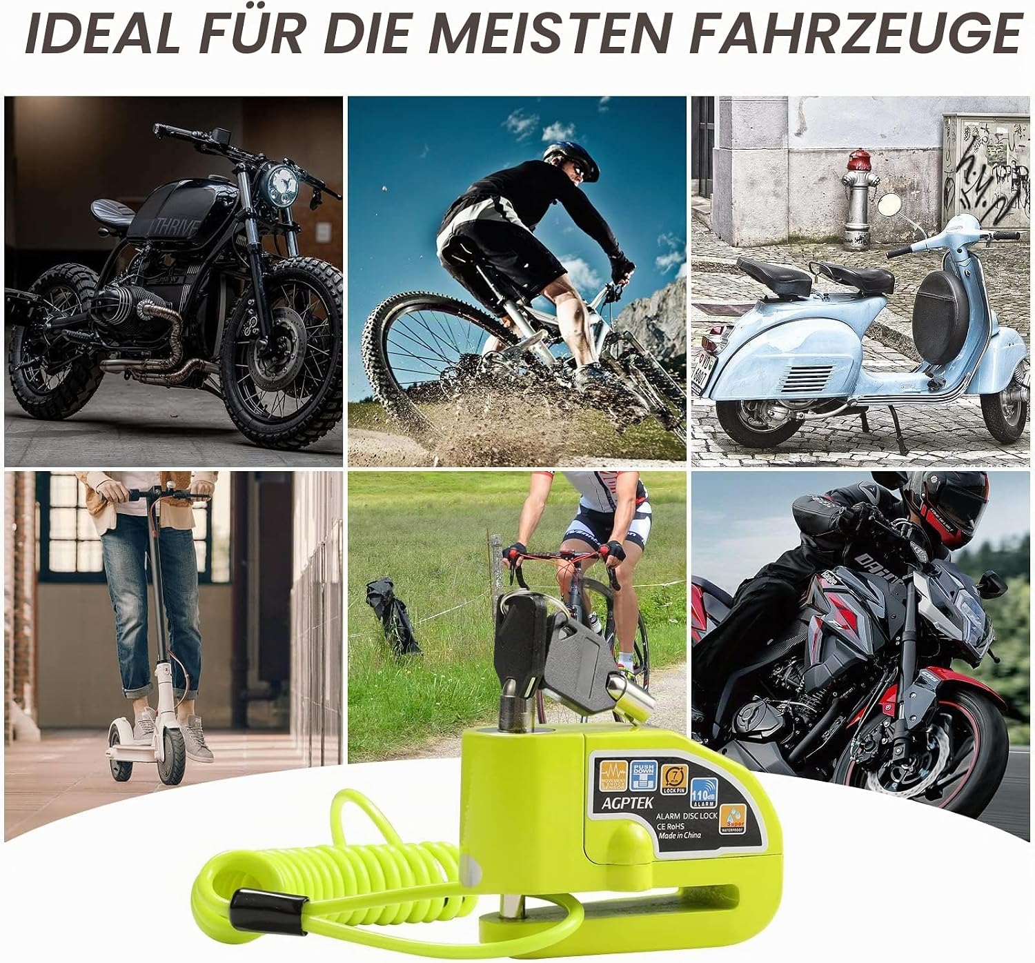 Thumbnail 6 de AGPTEK Bremsscheibenschloss mit Alarm – 110 dB Diebstahlschutz für Motorrad, Fahrrad und Roller