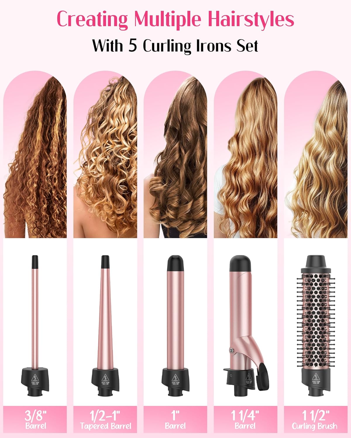 Thumbnail 1 de ANIEKIN 5 in 1 Curling Iron Set (3/8 to 1 1/4 Inch) with Thermal Brush, Dual Voltage Curling Wand for Travel