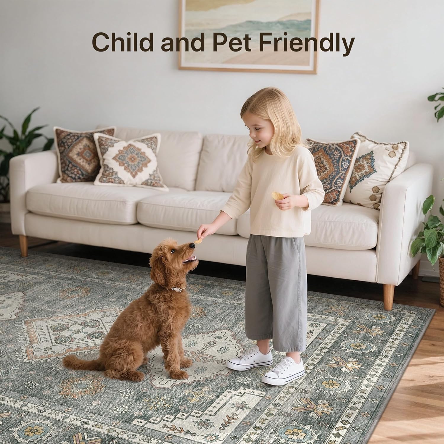 Thumbnail 1 de GENIMO Washable Rug 200x290cm – extra large non-slip floral carpet for living rooms and home offices