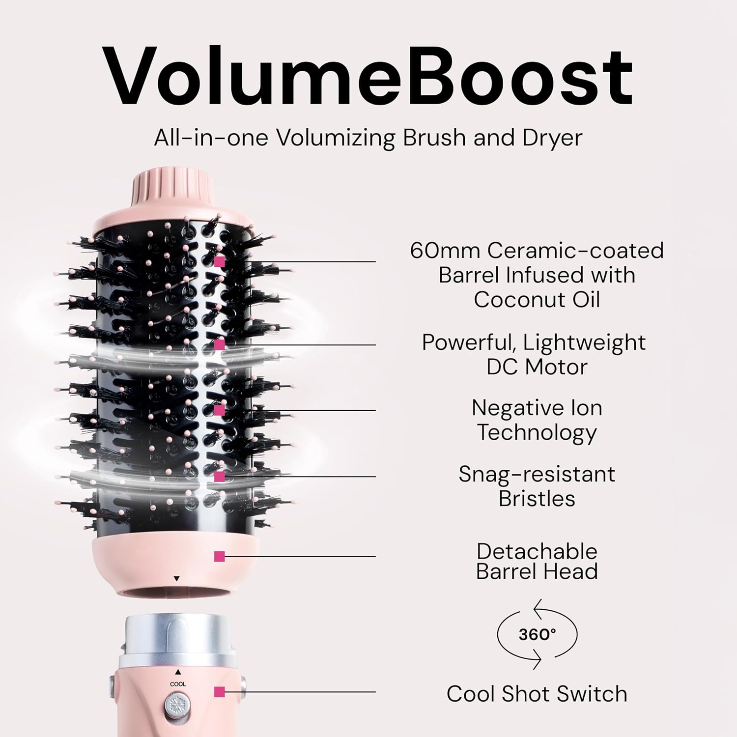 Thumbnail 1 de L’ANGE HAIR VolumeBoost 60mm 2-in-1 Ceramic Volumizing Brush Dryer (Blush) — fast drying blowout styling