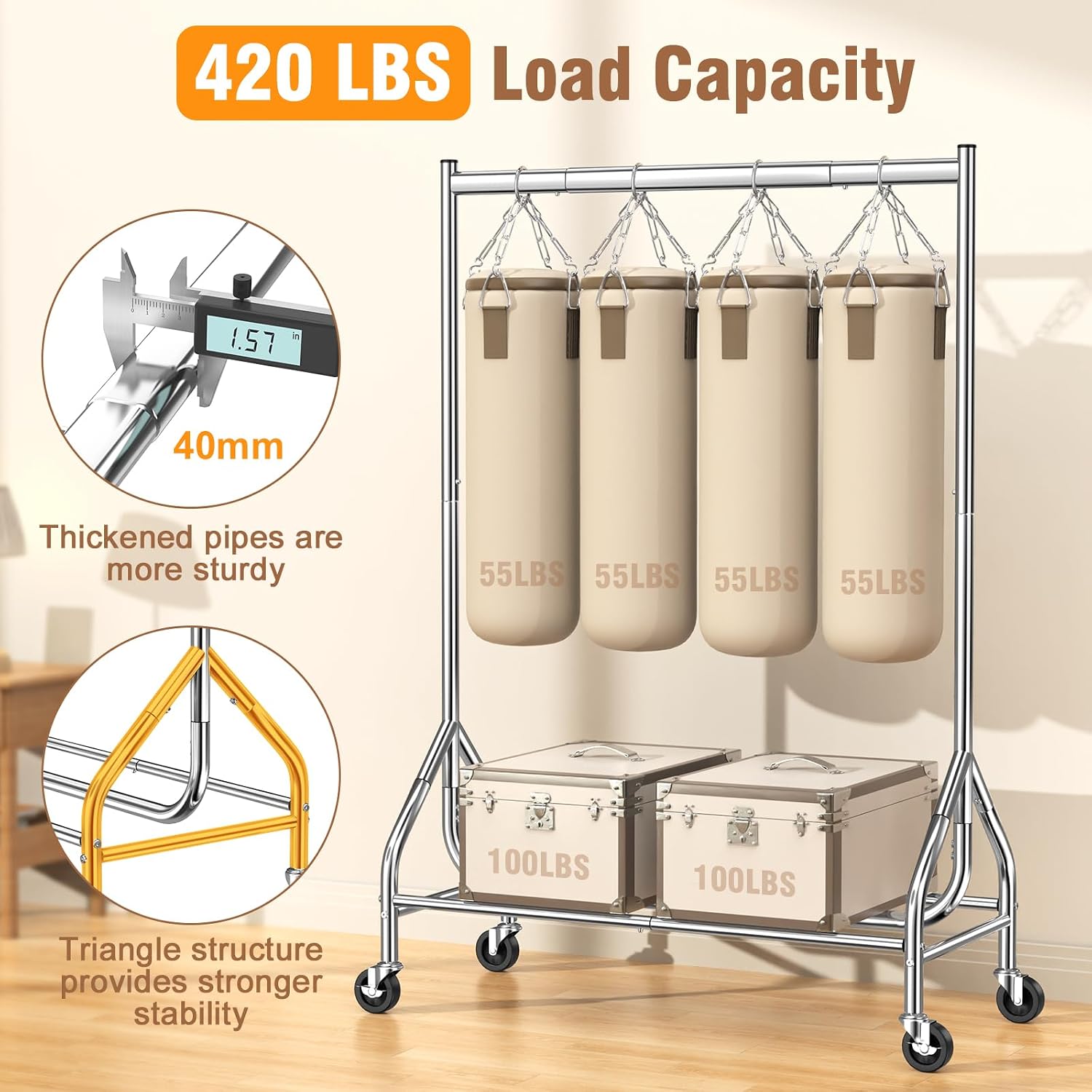 Thumbnail 1 de EAGMAK Heavy Duty Clothes Rail Load 180 KG – Rolling Garment Rail with Lockable Wheels