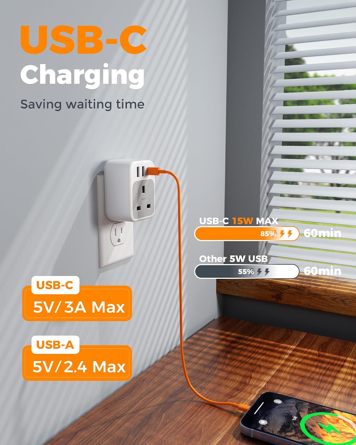Thumbnail 4 de TESSAN UK to US Plug Adaptor 4‑in‑1 with USB C & USB A