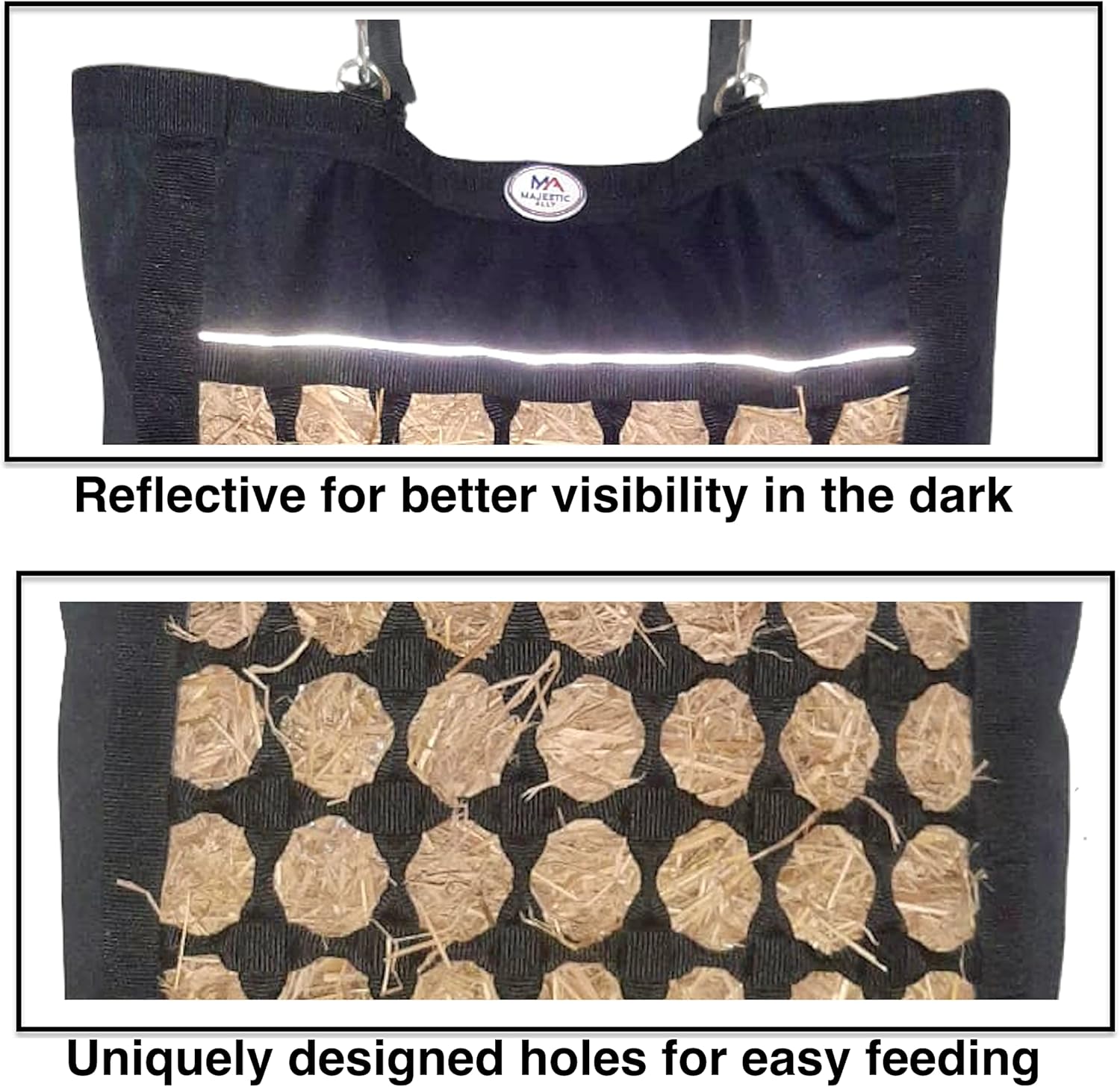 Detalle de Majestic Ally Nylon Reflective 2.5" Octagon Hole Slow Feed Hay Bag for Horses (Purple)