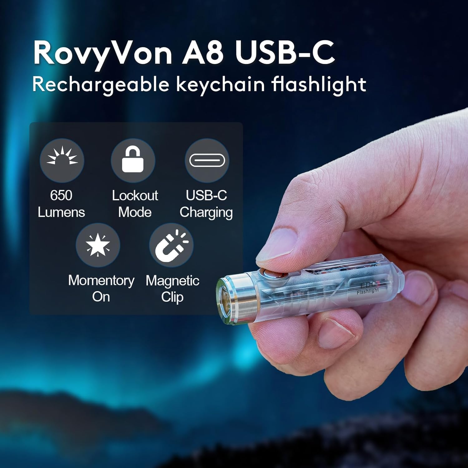 Thumbnail 1 de RovyVon A8 Pocket Torch keychain flashlight (650 lumens) – USB-C rechargeable, waterproof, red