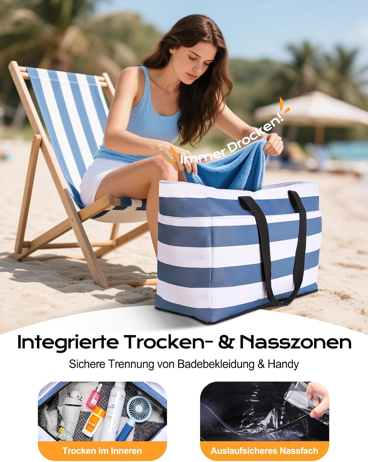 Detalle de CIRYCASE Strandtasche XXL Familie mit Kühlfach – 54L, wasserdicht, mit trennbarem Kühltasche & Nassfach