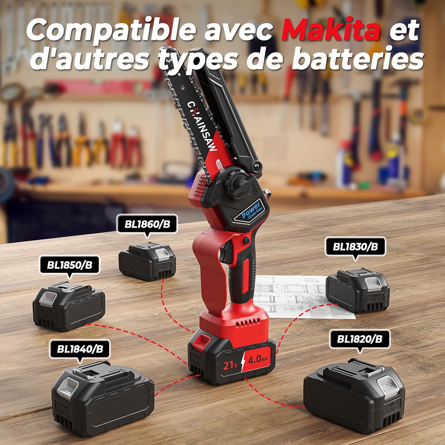 Thumbnail 3 de Mini tronçonneuse à batterie 6/8 pouces 1300 W brushless, 2×4000 mAh compatible Makita 18 V