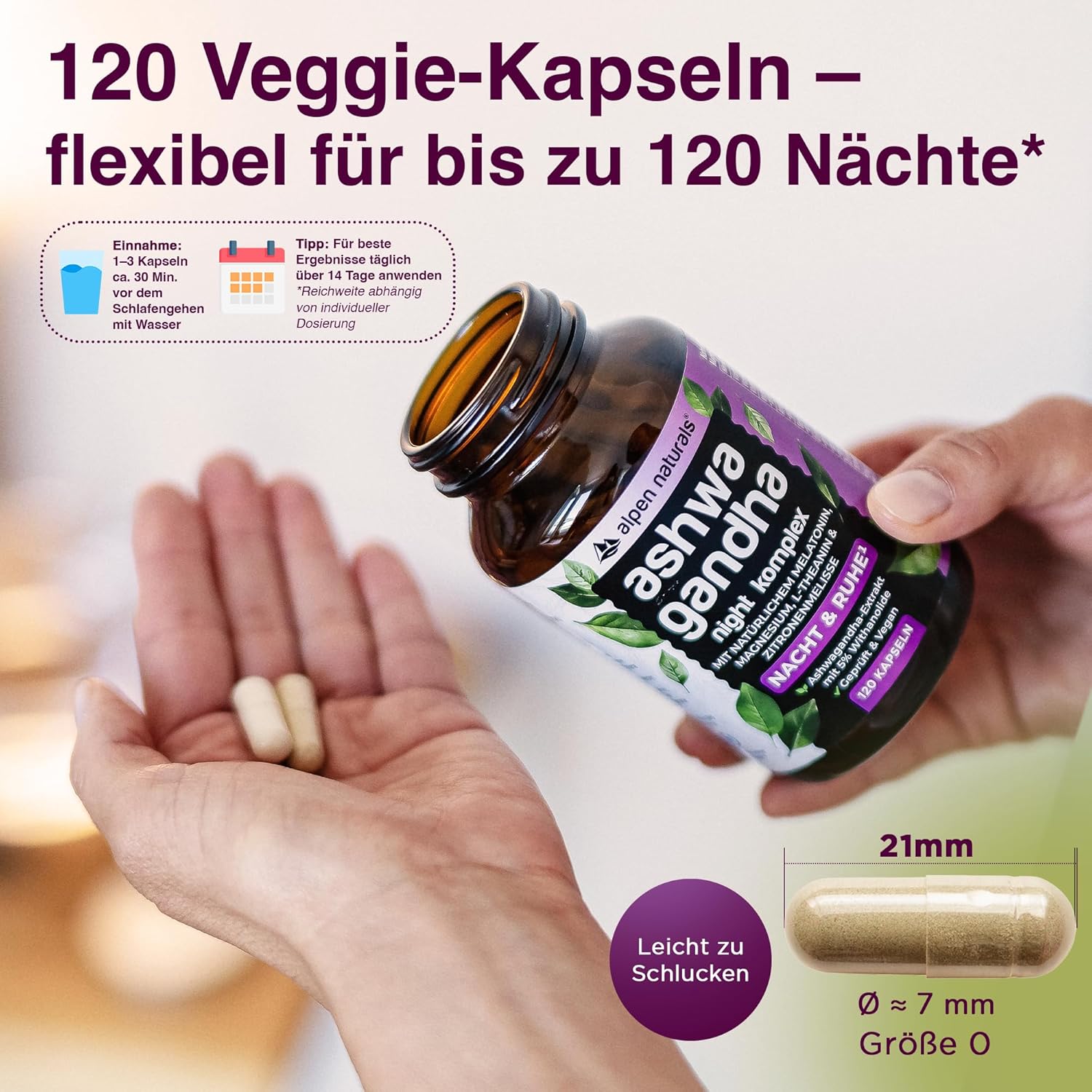 Thumbnail 2 de Ashwagandha Night Komplex – 120 vegane Kapseln mit natürlichem Melatonin, Magnesium & Vitaminen (Made in Germany, laborgeprüft)