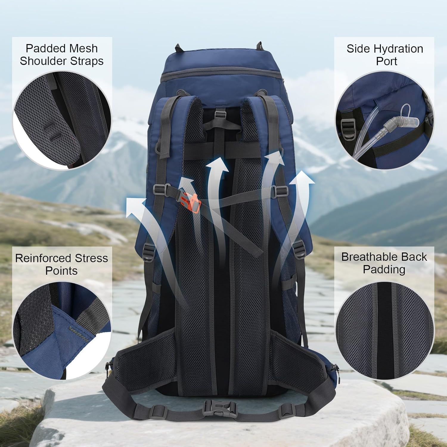 Detalle de JOVELL 70L Zaino da Escursionismo con Copripioggia – 70 litri di capacità, comfort e versatilità per trekking e campeggio