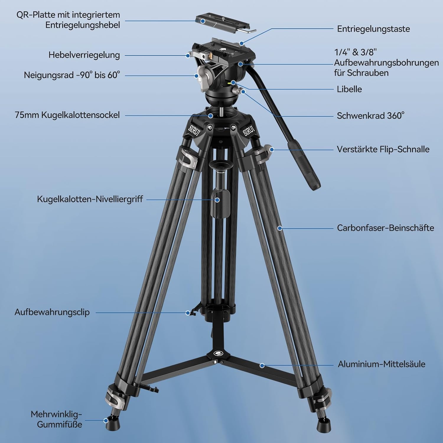 Detalle 2 de SIRUI AVT-12 Carbon Profi-Videostativ 185 cm
