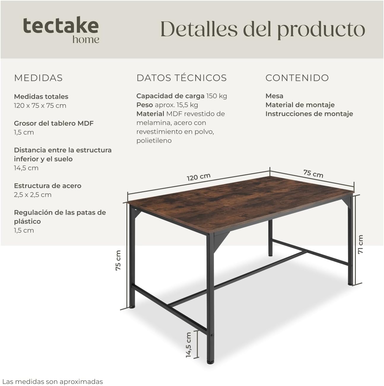 Thumbnail 2 de tectake Mesa Comedor Industrial 120x75