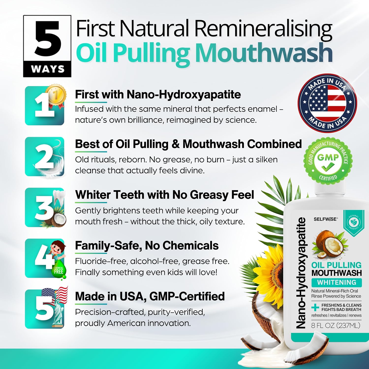 Detalle de Nano-Hydroxyapatite Oil Pulling Whitening Mouthwash (8oz) for Teeth & Gums