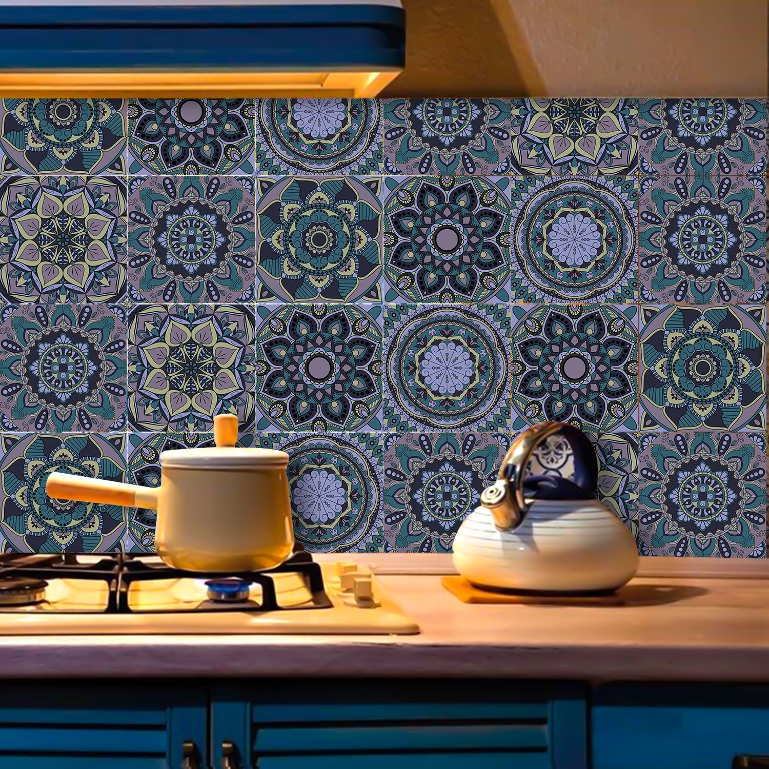 Detalle de ANHUIB 18 Pcs Moroccan Tile Stickers 15x15cm – Peel-and-Stick Kitchen & Bathroom Decals