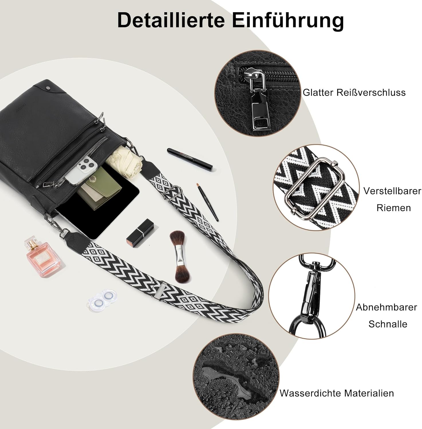 Thumbnail 3 de TANTOMI Umhängetasche für Damen – Handtasche aus PU-Leder mit mehreren Fächern und verstellbarem Schulterriemen