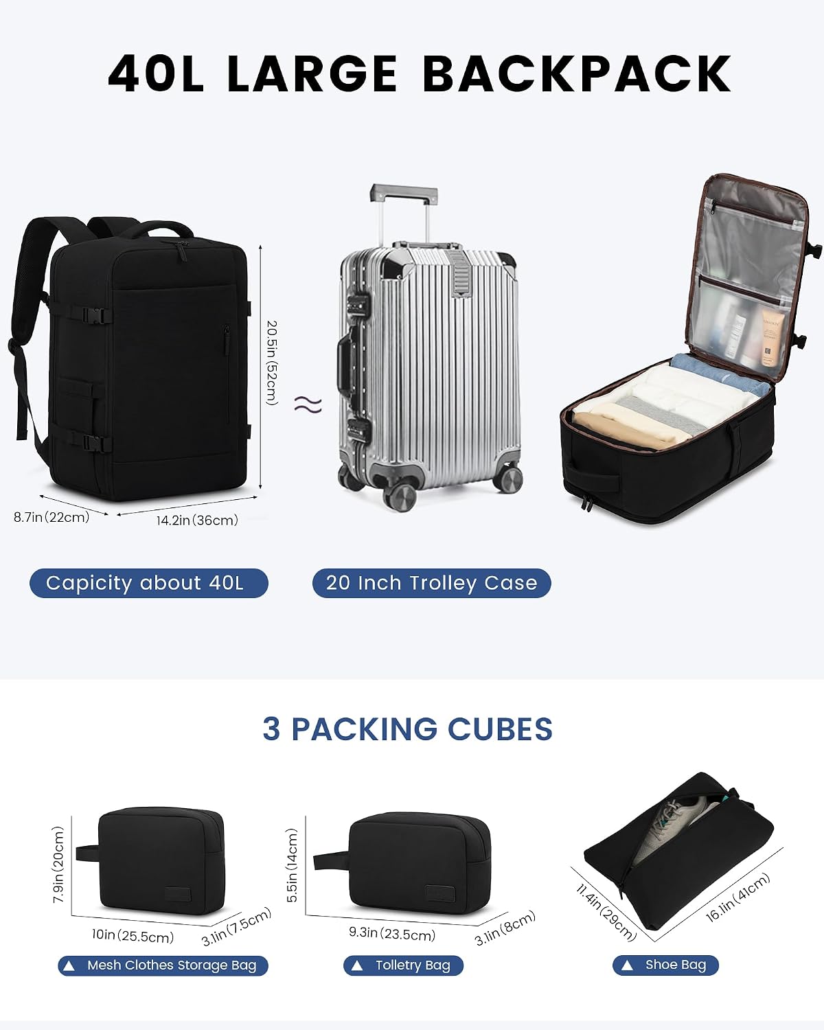 Detalle de LOVEVOOK Zaino da Viaggio 40L: Zaino da Cabina impermeabile con porta PC 17,3" per Viaggiatori Pratici