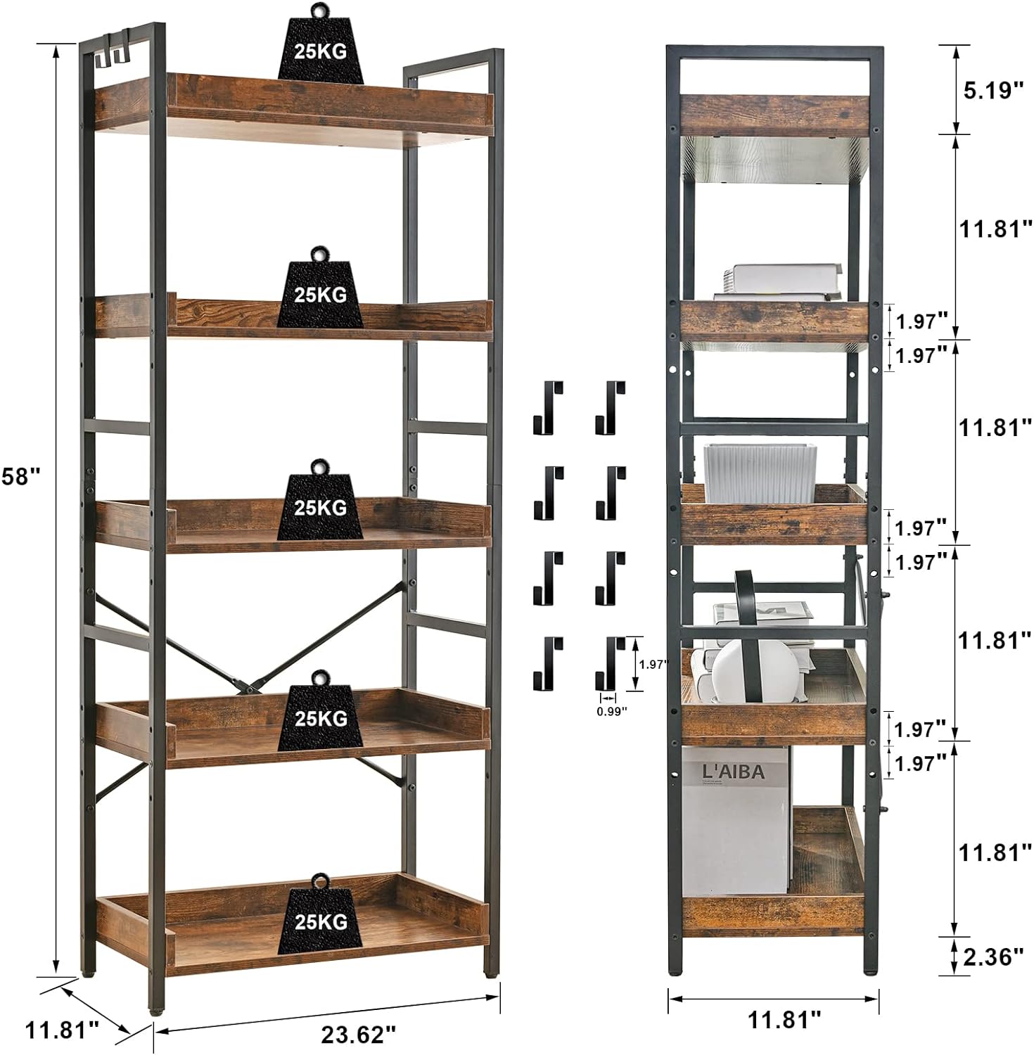 Detalle de HCHQHS BS-USBS-C-5 5-Tier Industrial Bookshelf with Adjustable Shelves