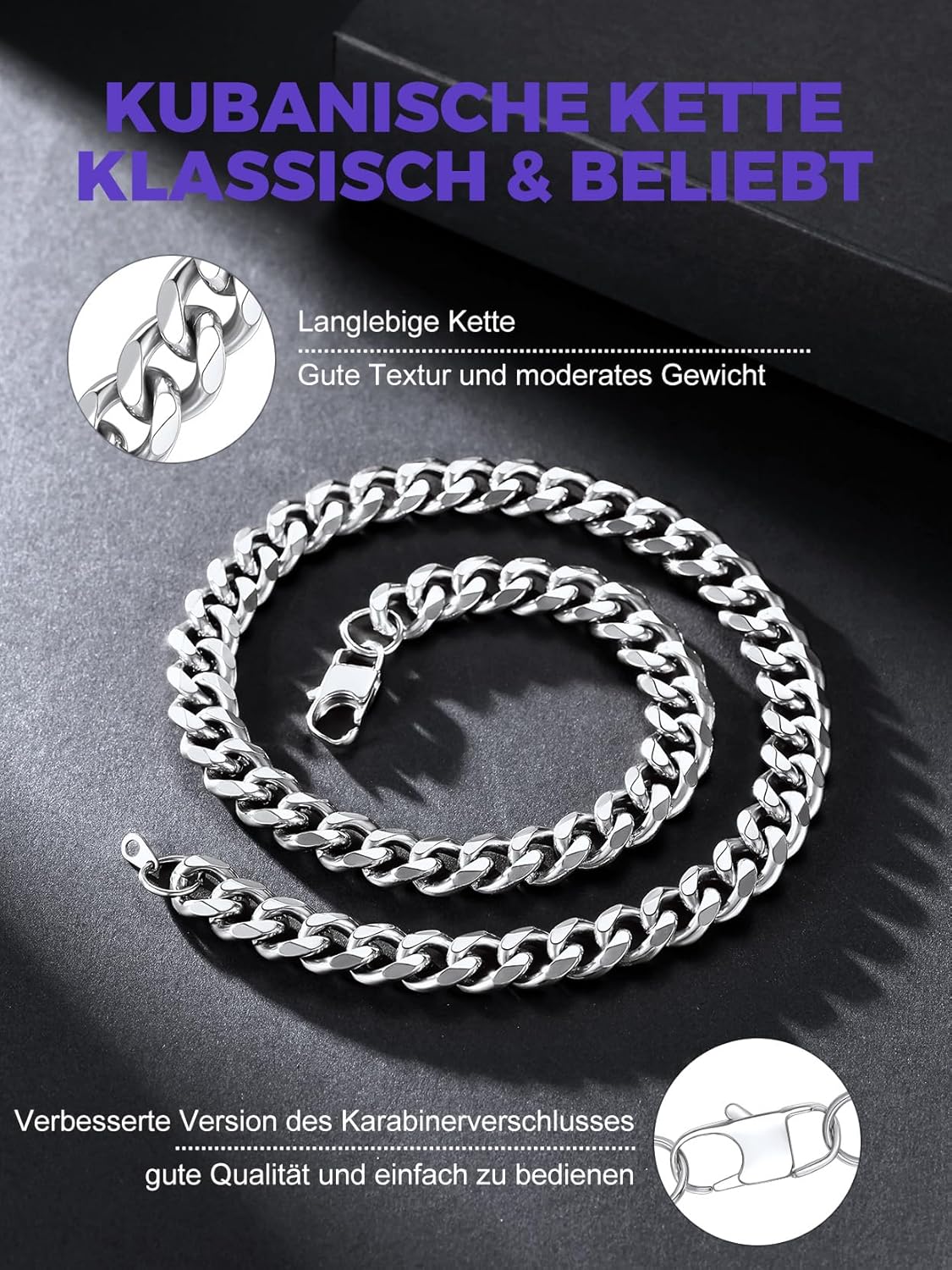 Thumbnail 5 de Richsteel Herren Halskette klassische Panzerkette in Platin, 12 mm breit (Cuban Chain) aus Edelstahl
