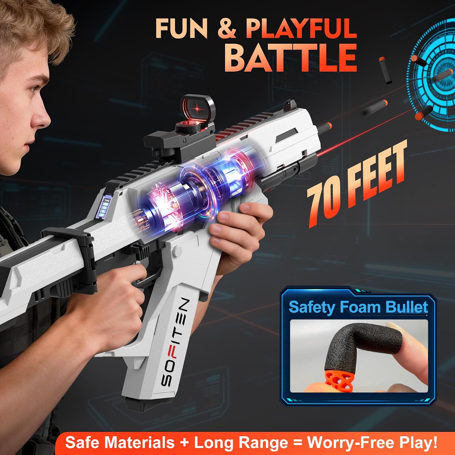 Detalle de SOFITEN Automatic Foam Dart Blaster with Flashlight, Foldable Stock and Vest
