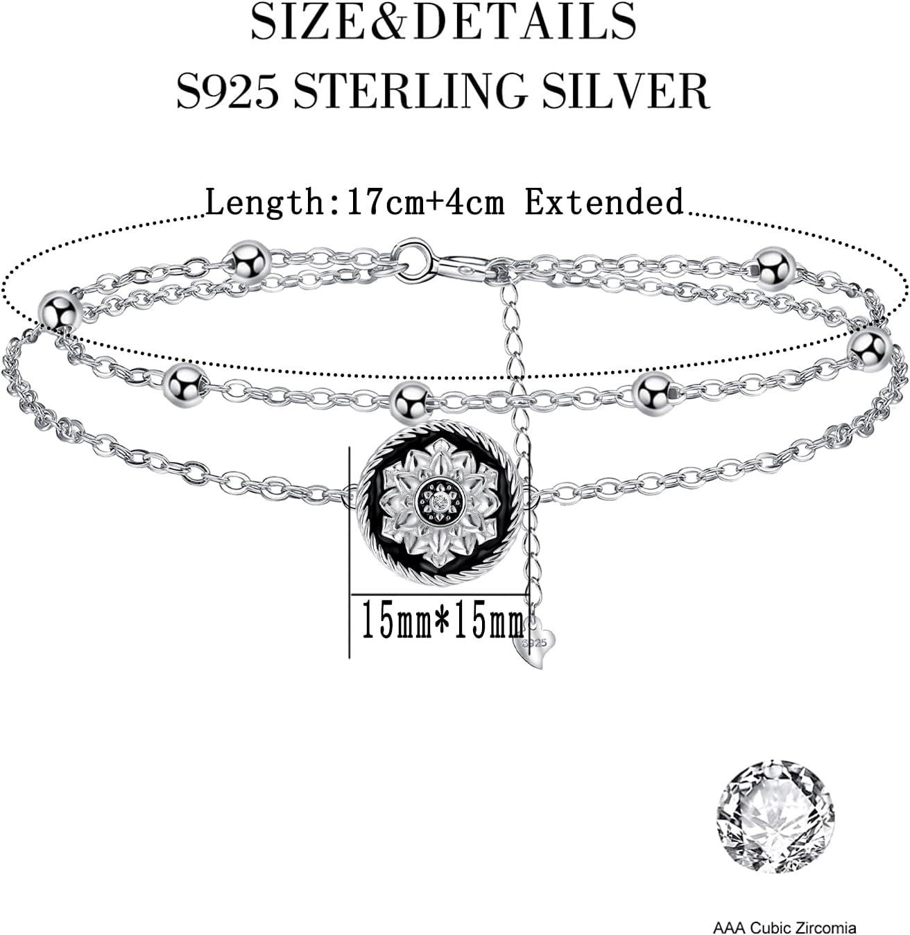 Detalle 2 de J.MUEN Bracelet femme en argent sterling 925 avec motif fleur de lotus, réglable (17 cm + 4)