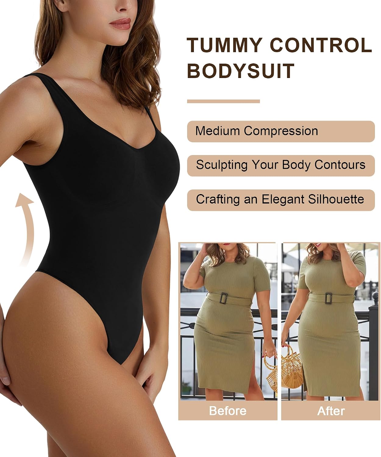 Detalle de SHAPERX Women's Mid-Thigh Shapewear Bodysuit, Tummy Control, Seamless