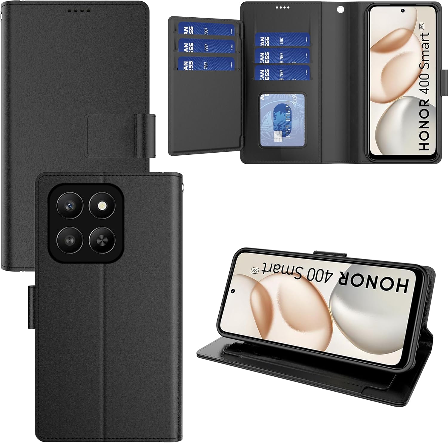 Detalle de Pollachi Fondina Cover per Honor 400 Smart: custodia protettiva in pelle PU pieghevole con portafoglio da 9 carte e supporto ad anello