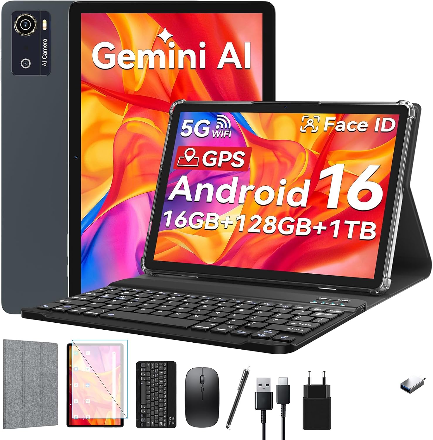 Detalle de KADYBE Tablet 10 Zoll – Android 16, 16 GB RAM, 128 GB Speicher, 9‑in‑1 Set