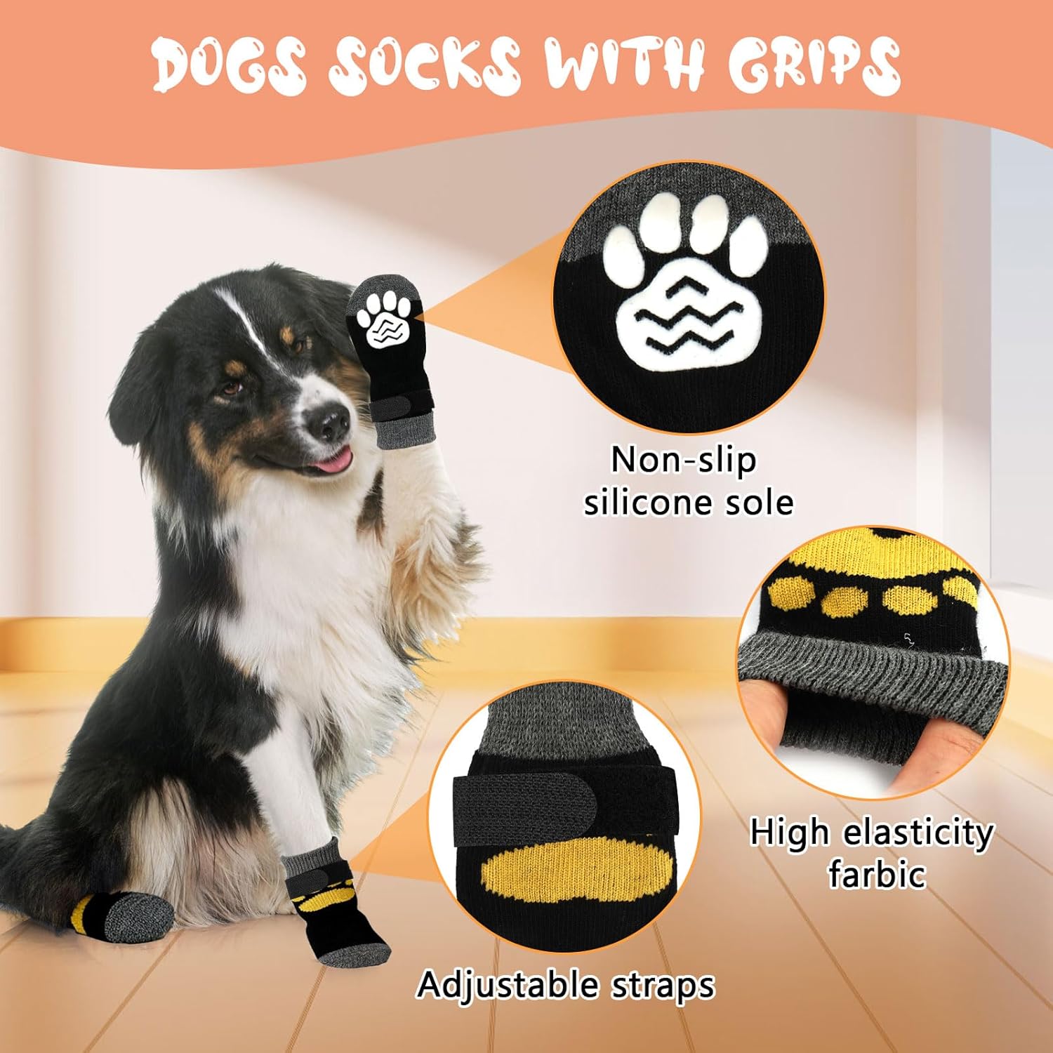 Detalle de 2 Pairs Anti Slip Dog Socks Paws Stop Licking – Large (L) Dog Paw Protectors with Adjustable Straps