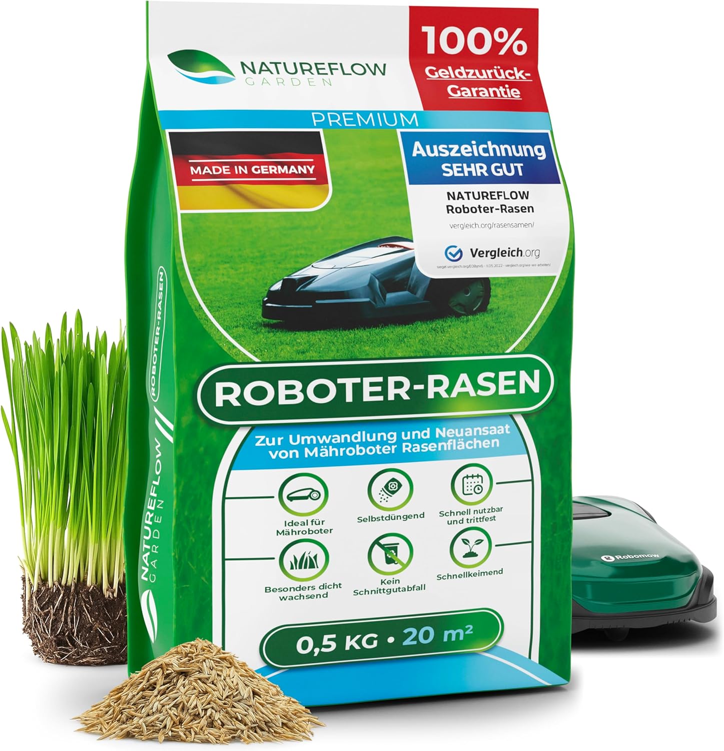 Detalle de Rasensamen schnellkeimend 0,5 kg Frühjahr – Natureflow für Mähroboter-Rasenflächen