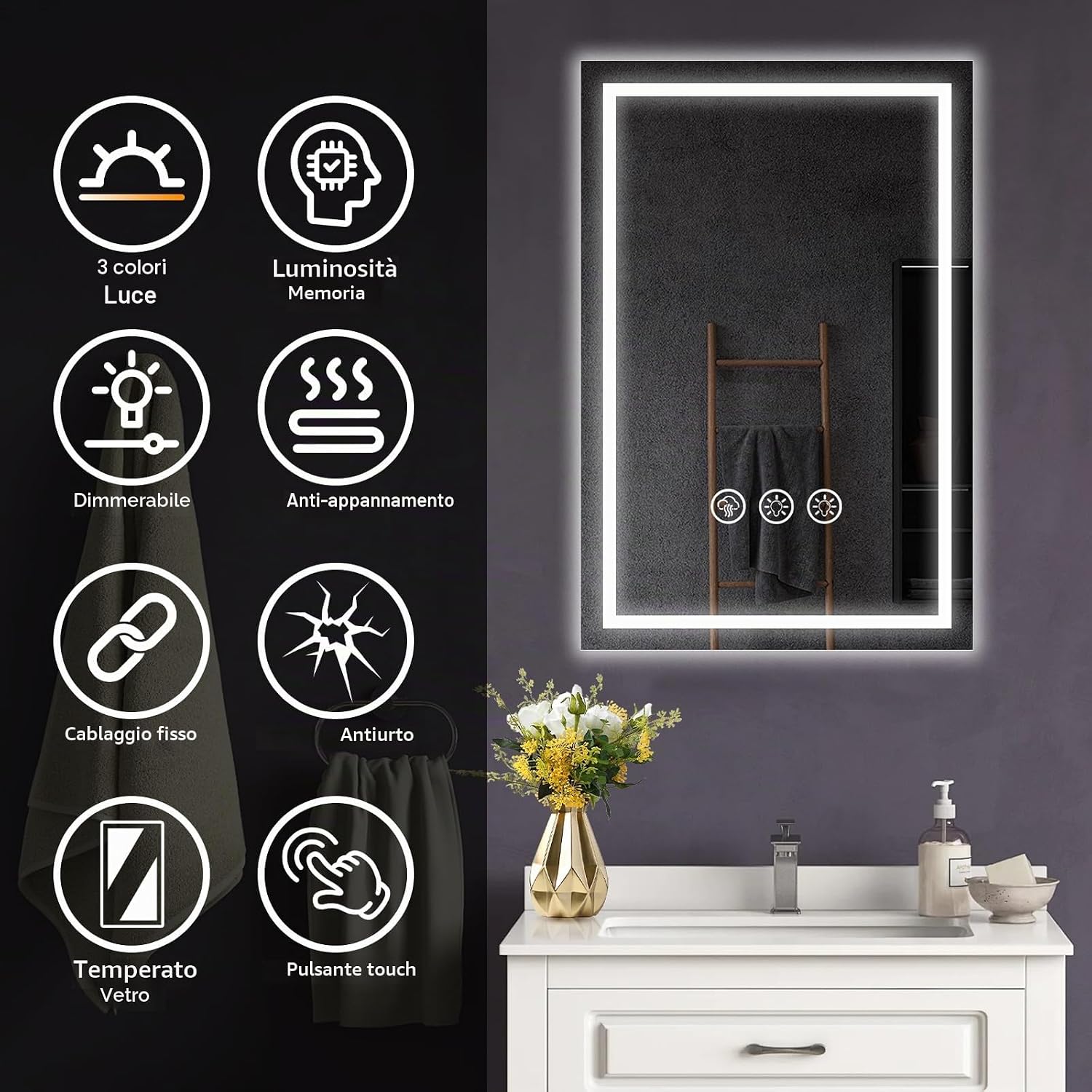 Detalle de Simusi 40x60 cm Specchio Bagno con Luce LED, IP44, Anti-appannamento e Tre temperature di colore