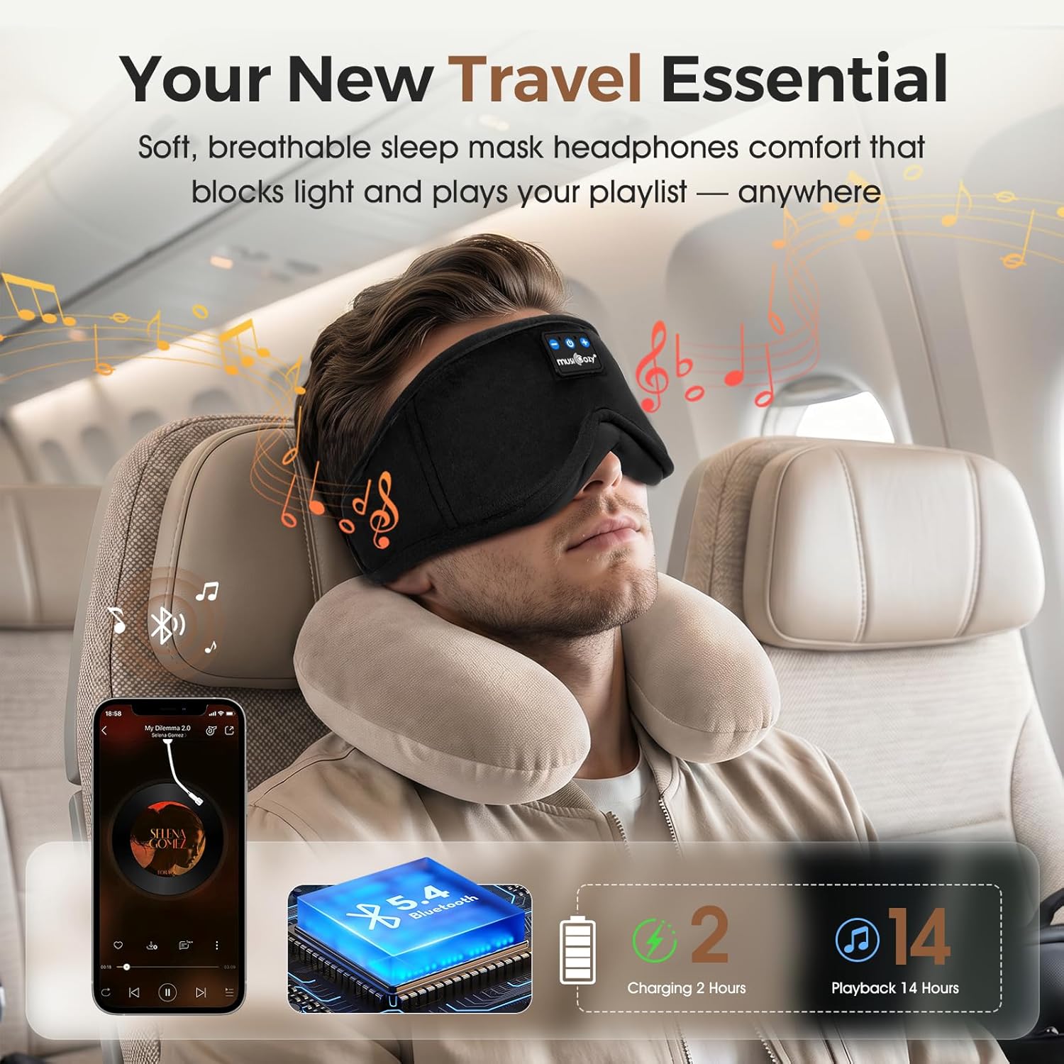 Thumbnail 4 de MUSICOZY Bluetooth Schlafmaske mit Kopfhörer – 100% Verdunkelung, 3D-Kontur für Seitenschläfer