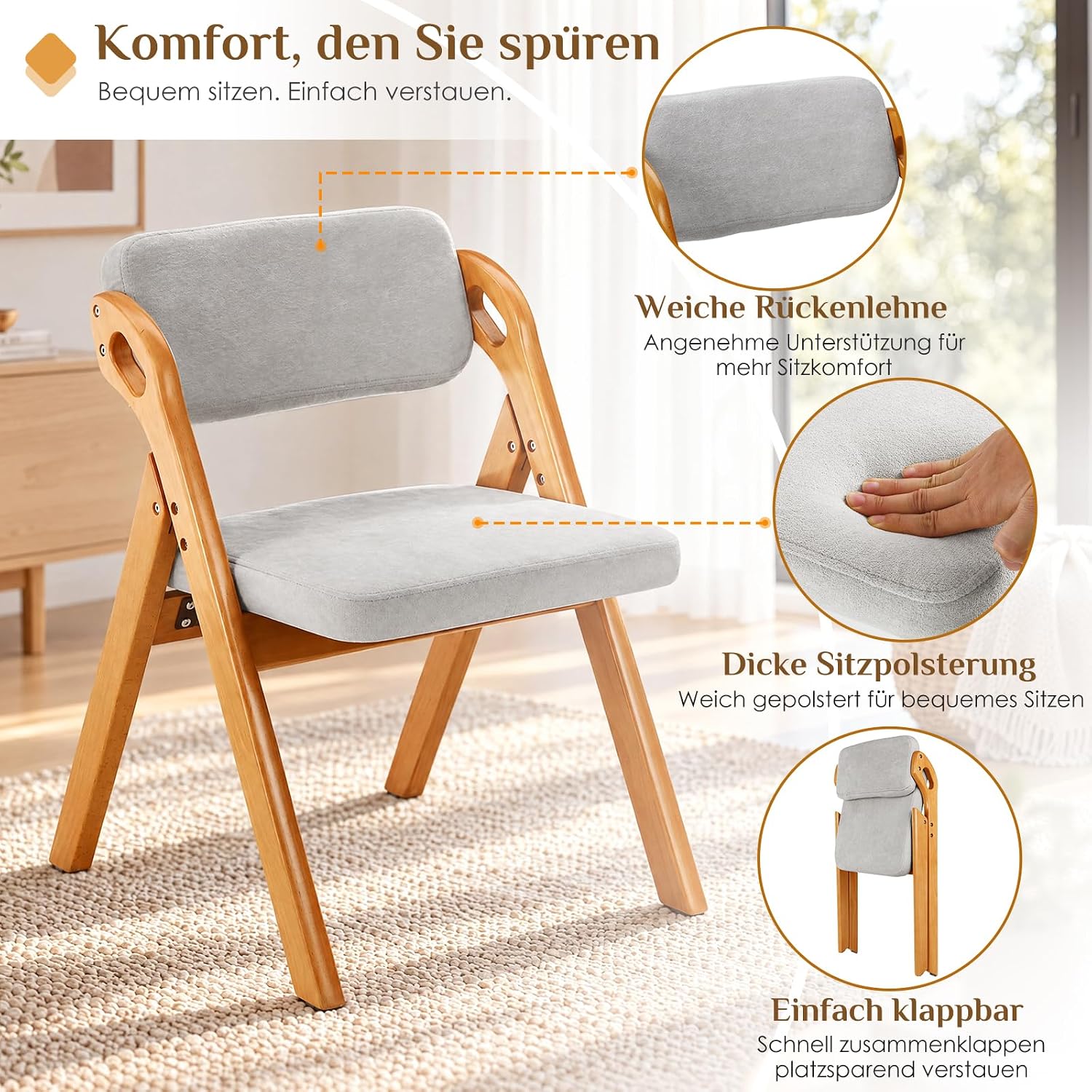 Detalle de Clevich LJ-562 set van 2 opvouwbare stoelen, beukenhout en grijs badstof