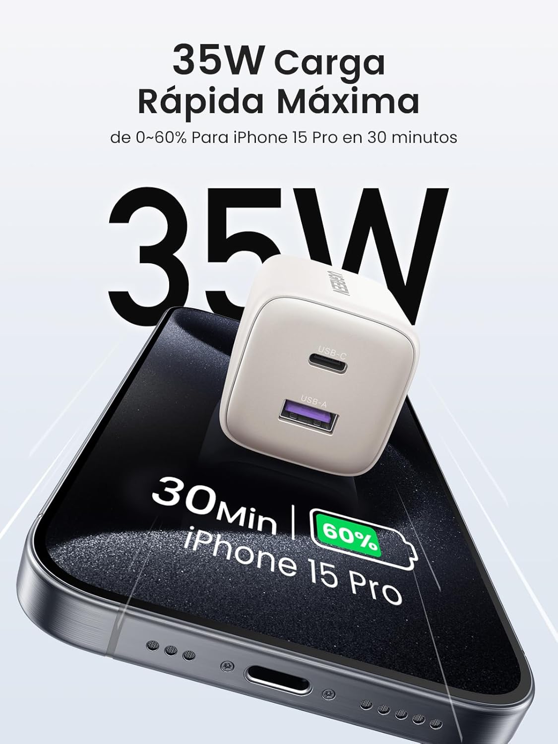 Detalle 2 de UGREEN Nexode Cargador USB-C 35W 🌟 Compatible con Galaxy y iPhone