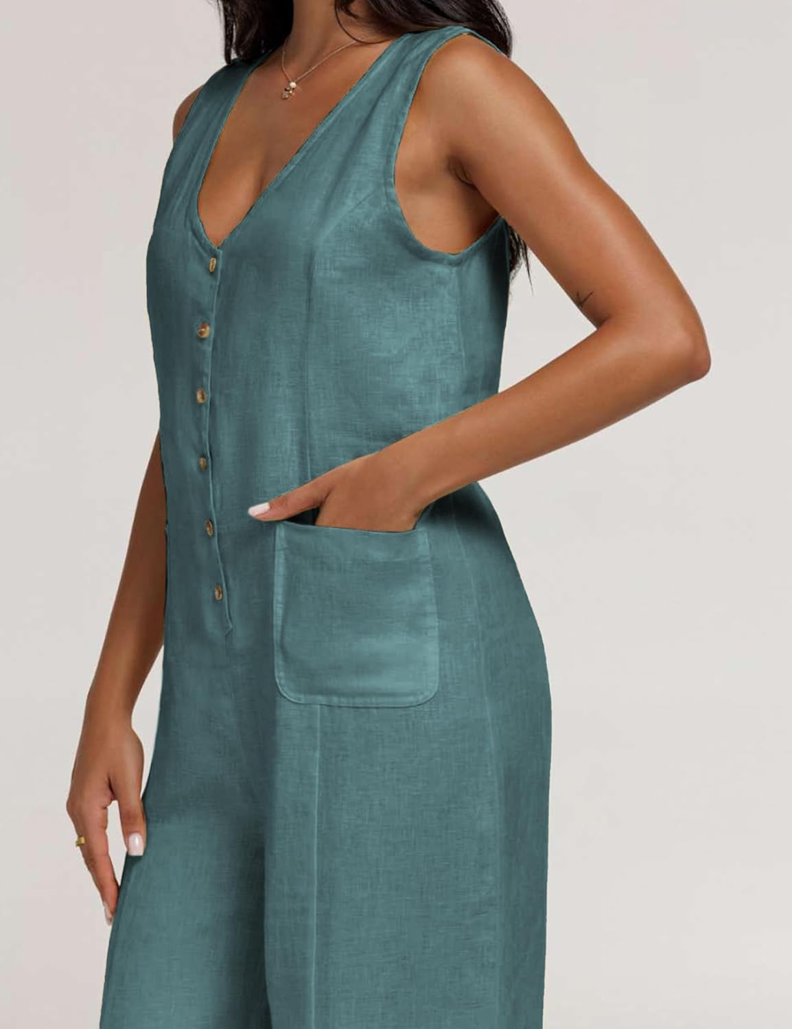Thumbnail 6 de Yeokou Women Button Down Jumpsuits: Cotton Linen Sleeveless Wide-Leg Rompers