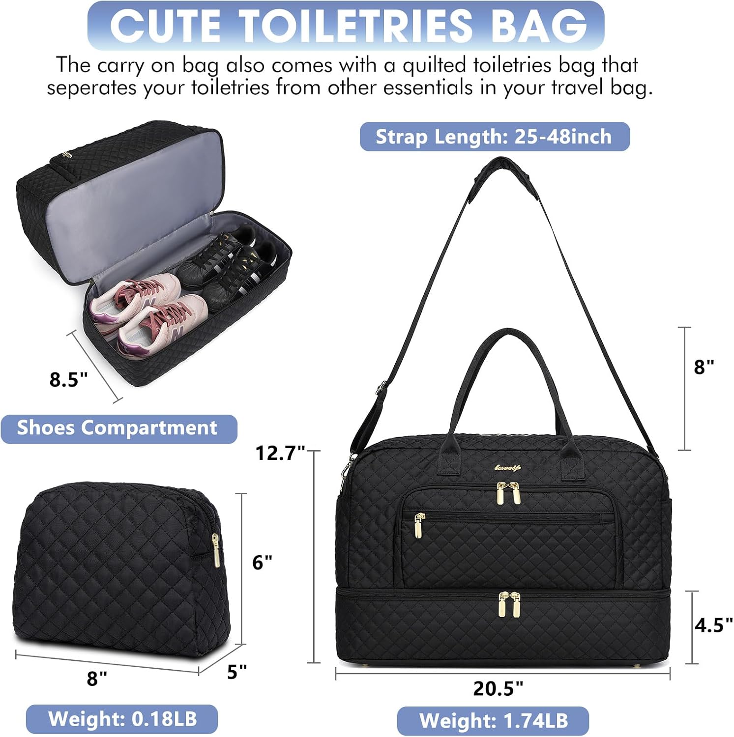 Detalle de LUOCIP Large Women Travel Duffle Bag with Wet Toiletry Pocket and Shoe Compartment (Black)