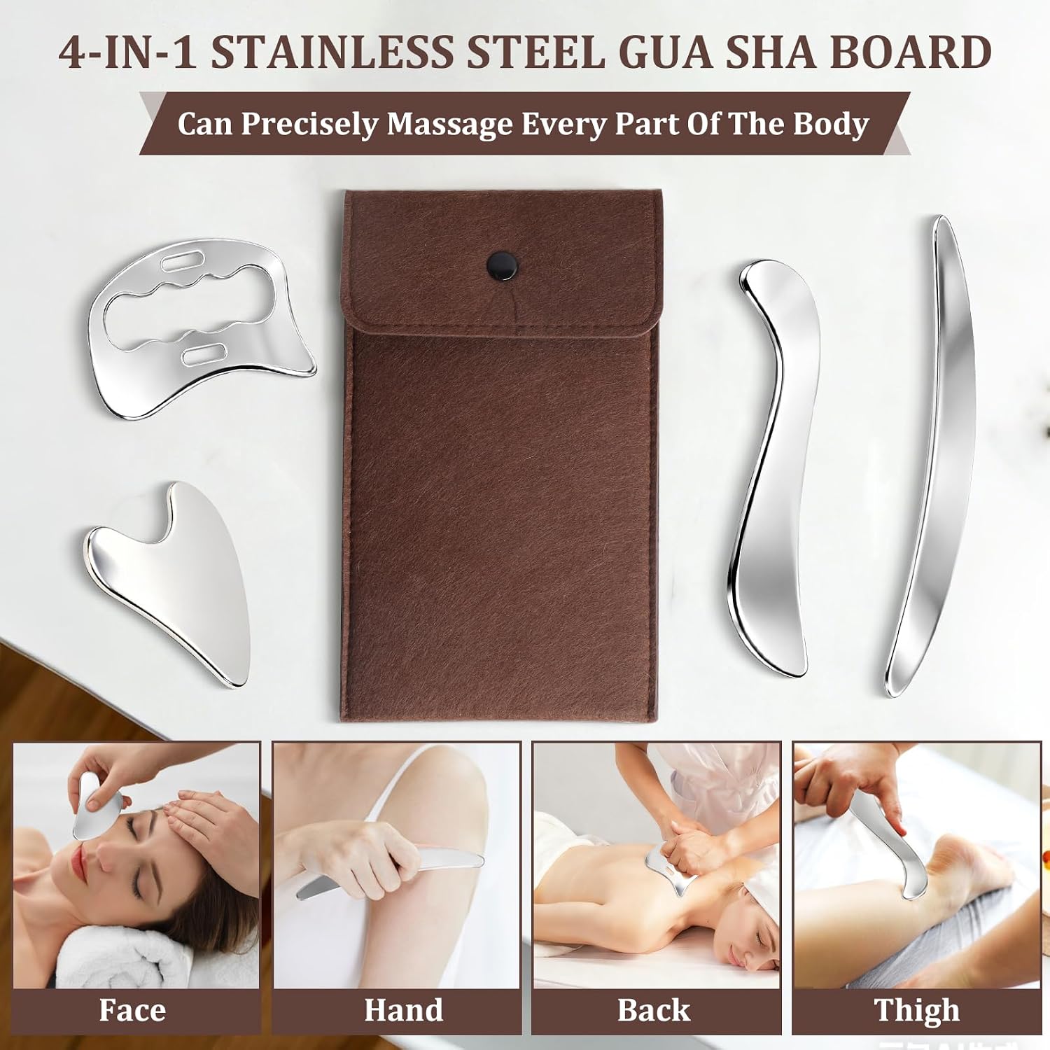 Detalle de INQUIRLLY ST-07478 4-in-1 gua sha massagetool van roestvrij staal