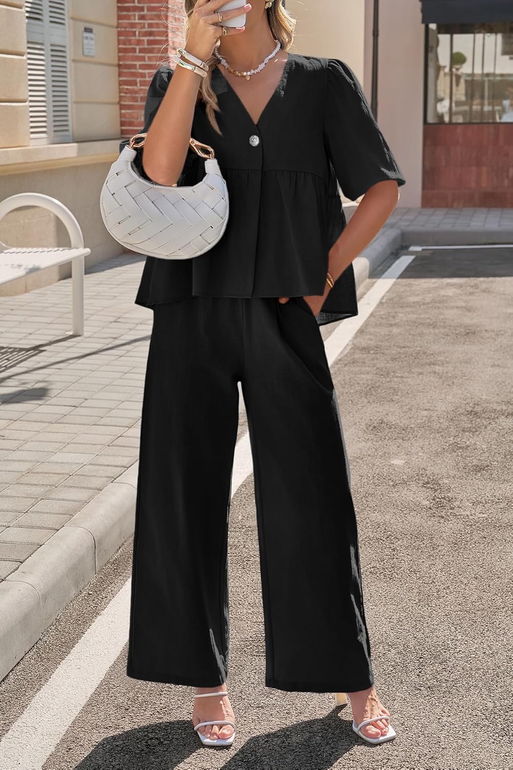 Detalle de Tankaneo Women's 2-Piece Linen Sets: V-Neck Puff Sleeve Babydoll Top & Wide Leg Pants