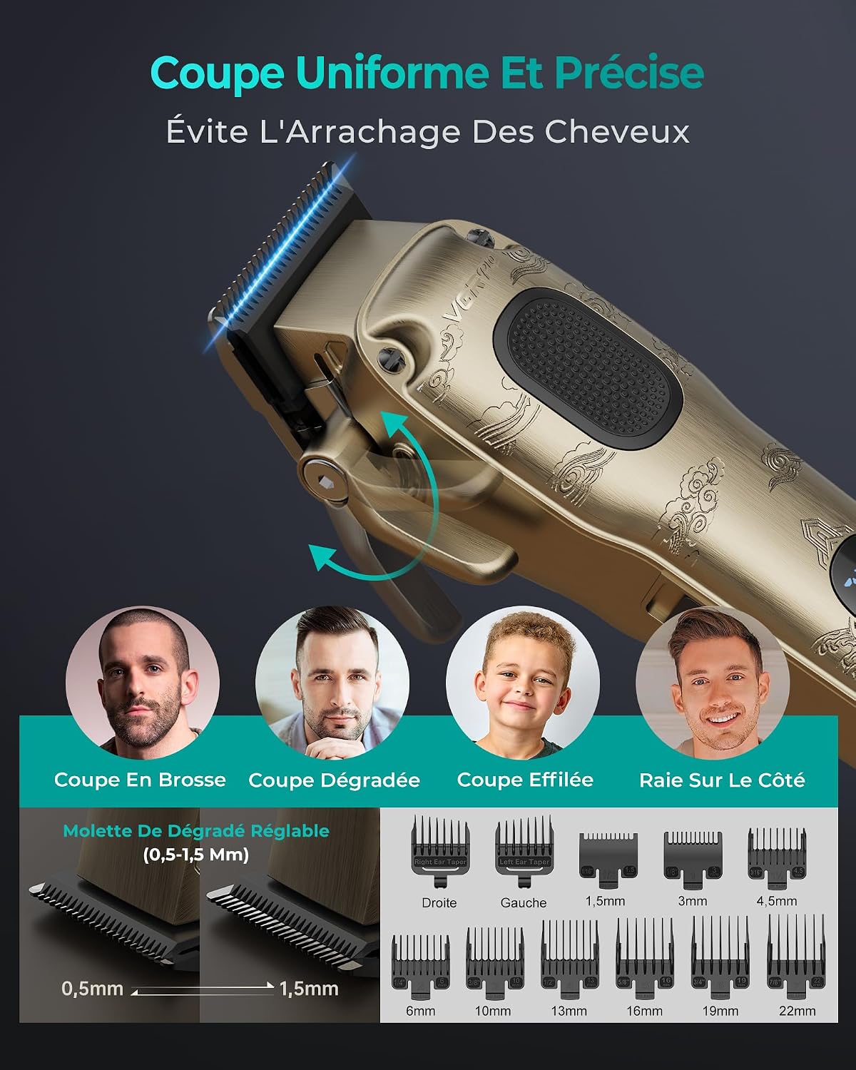 Thumbnail 1 de VGRPRO Tondeuse Cheveux Hommes Professionnel — Kit sans fil avec étui et LED (Gloden)