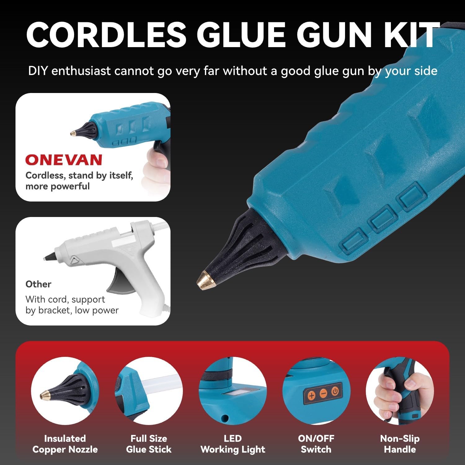Detalle de ONEVAN Pistola per colla calda senza fili in silicone con 2x 2000mAh, 100–200°C, ricarica rapida e display LCD
