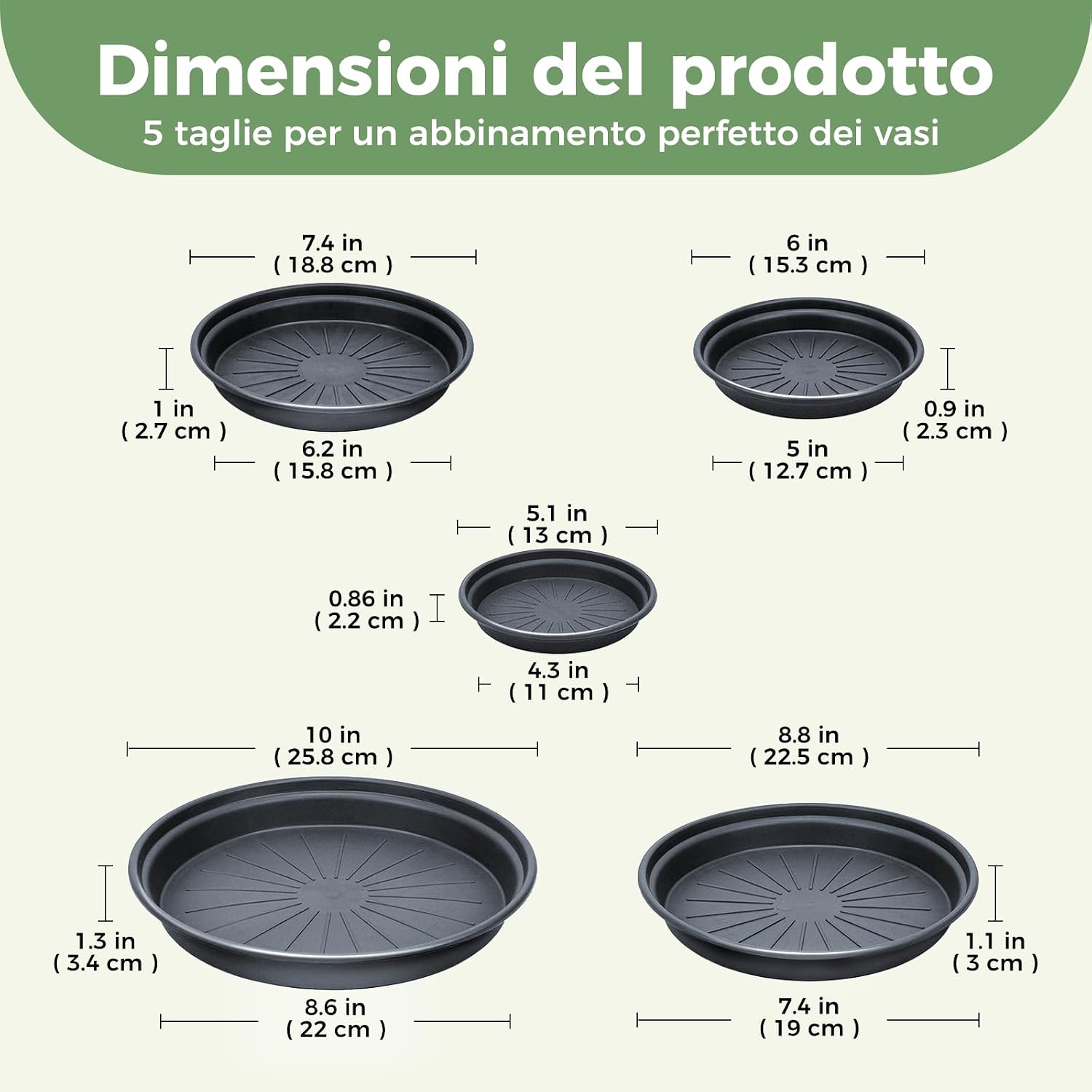 Thumbnail 2 de Bamworld Kit di 5 Sottovasi Rotondi 25/22/18/15/13 cm – Vassoi in Plastica Resistente e Impermeabili