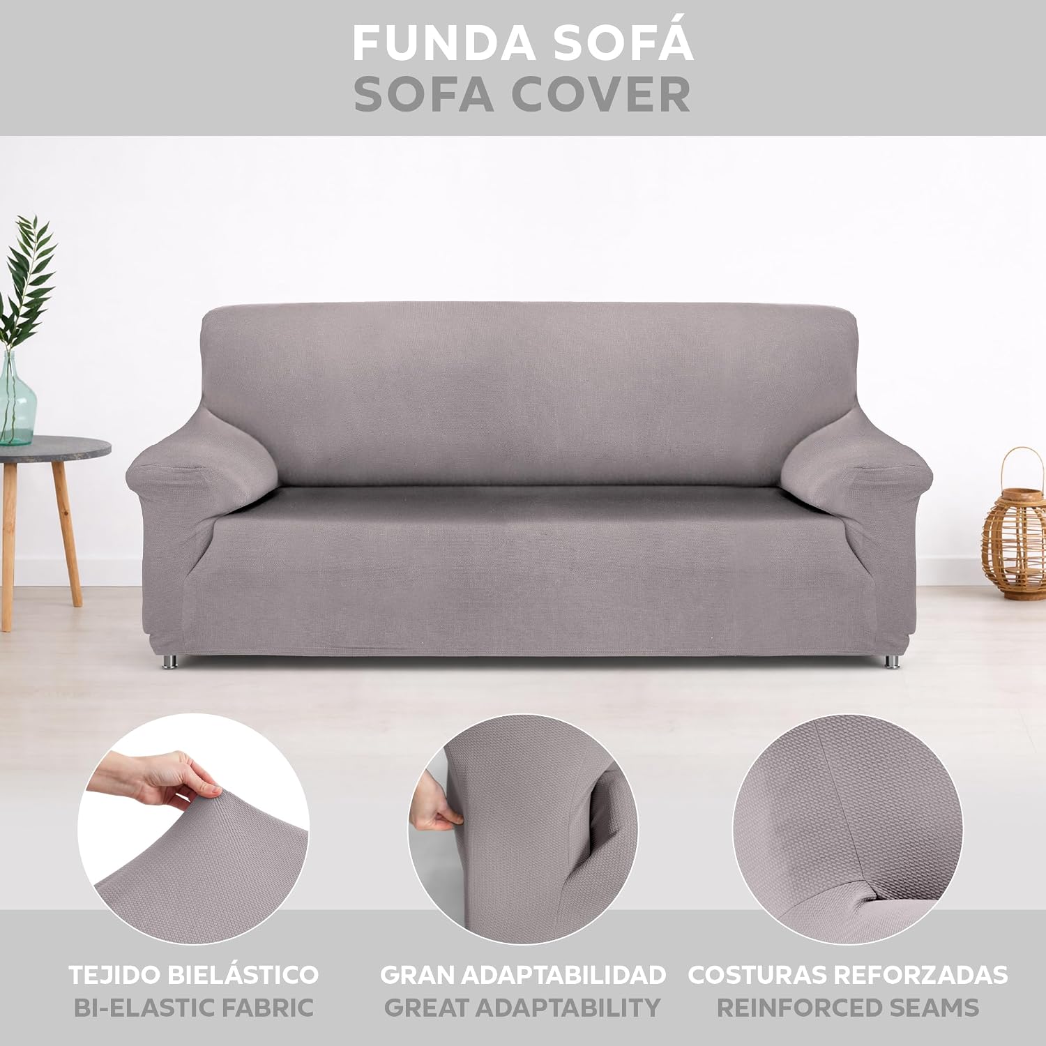 Detalle 2 de Textilhome Copridivano 2 Posti con Braccioli – Fodera Elasticizzata Antigraffio per Gatti, Grigio Chiaro