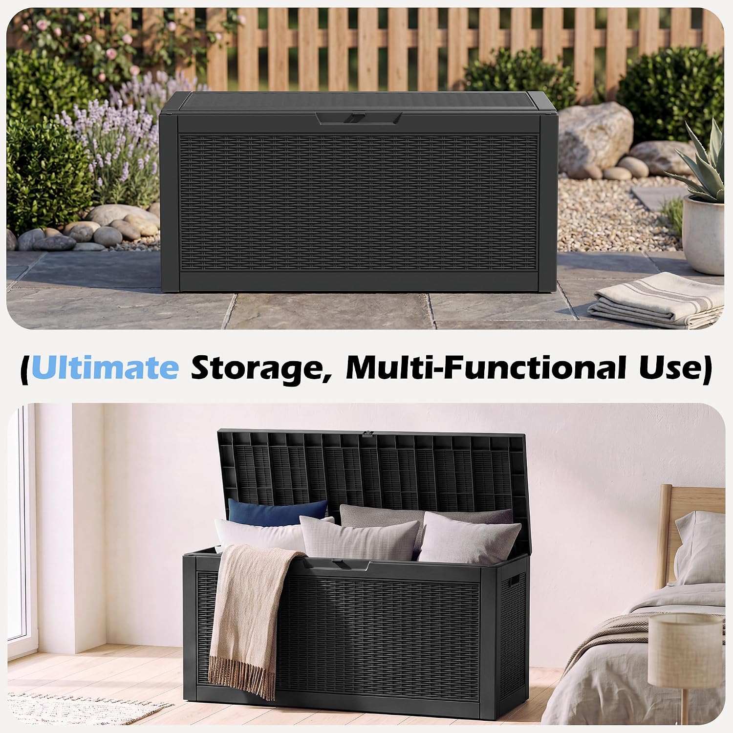 Thumbnail 6 de WTFGO 80-Gallon Rattan Black Resin Outdoor Storage Box with Lockable Lid