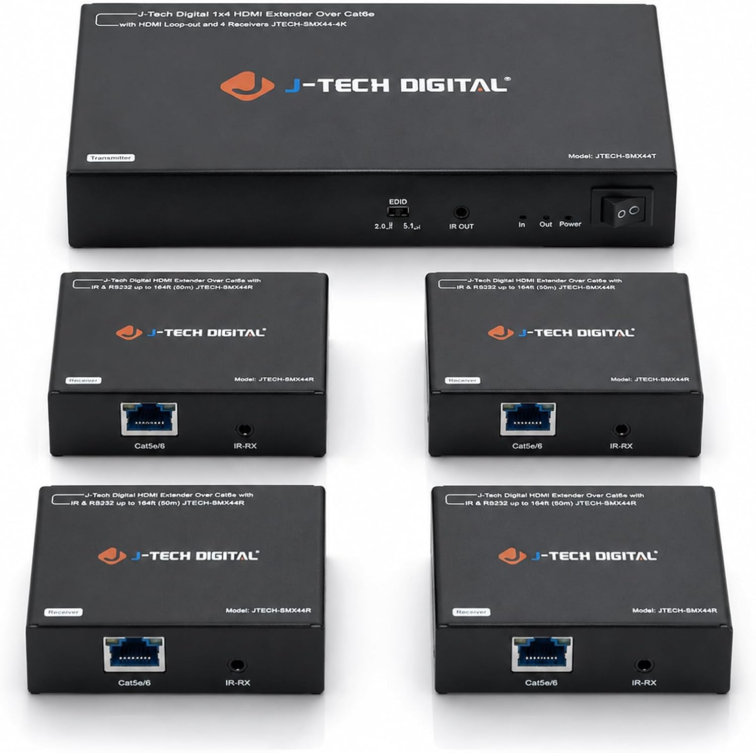 Detalle de J-Tech Digital HDMI Extender Splitter 1x4 Over Single CAT5e/6 Cable with PoC, IR, and EDID Switch