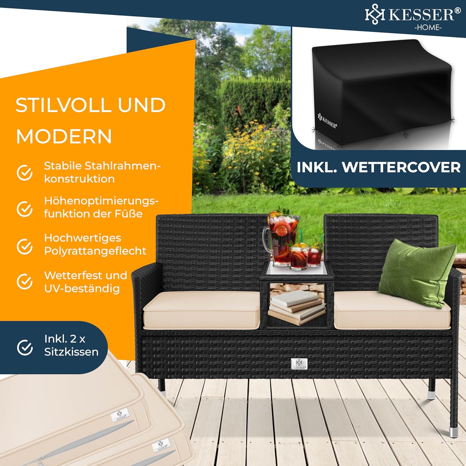Thumbnail 1 de KESSER Polyrattan Gartenbank mit Tisch (2 Sitzer), 143x63x88 cm – wetterfest für Garten & Balkon in Schwarz