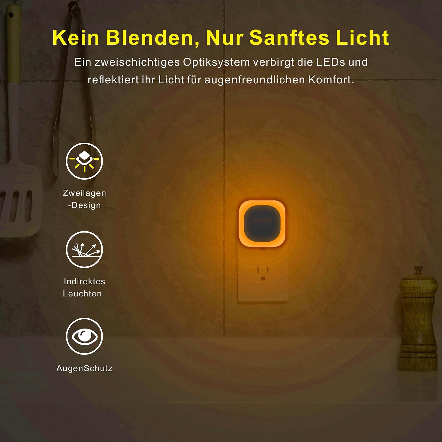 Detalle de YUNLEX 2er Set Nachtlicht-Steckdose mit Dämmerungssensor, dimmbar – warmes Bernsteinlicht fürs Kinderzimmer