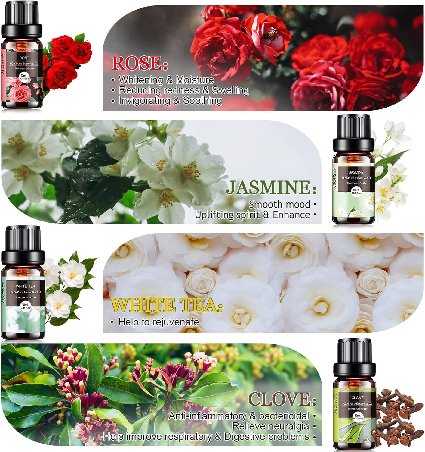 Thumbnail 2 de Aeshory Ätherische Öle Set Blumen (7 x 10 ml) – Lavendel, Rose, weißer Tee & mehr für Diffuser & Luftbefeuchter