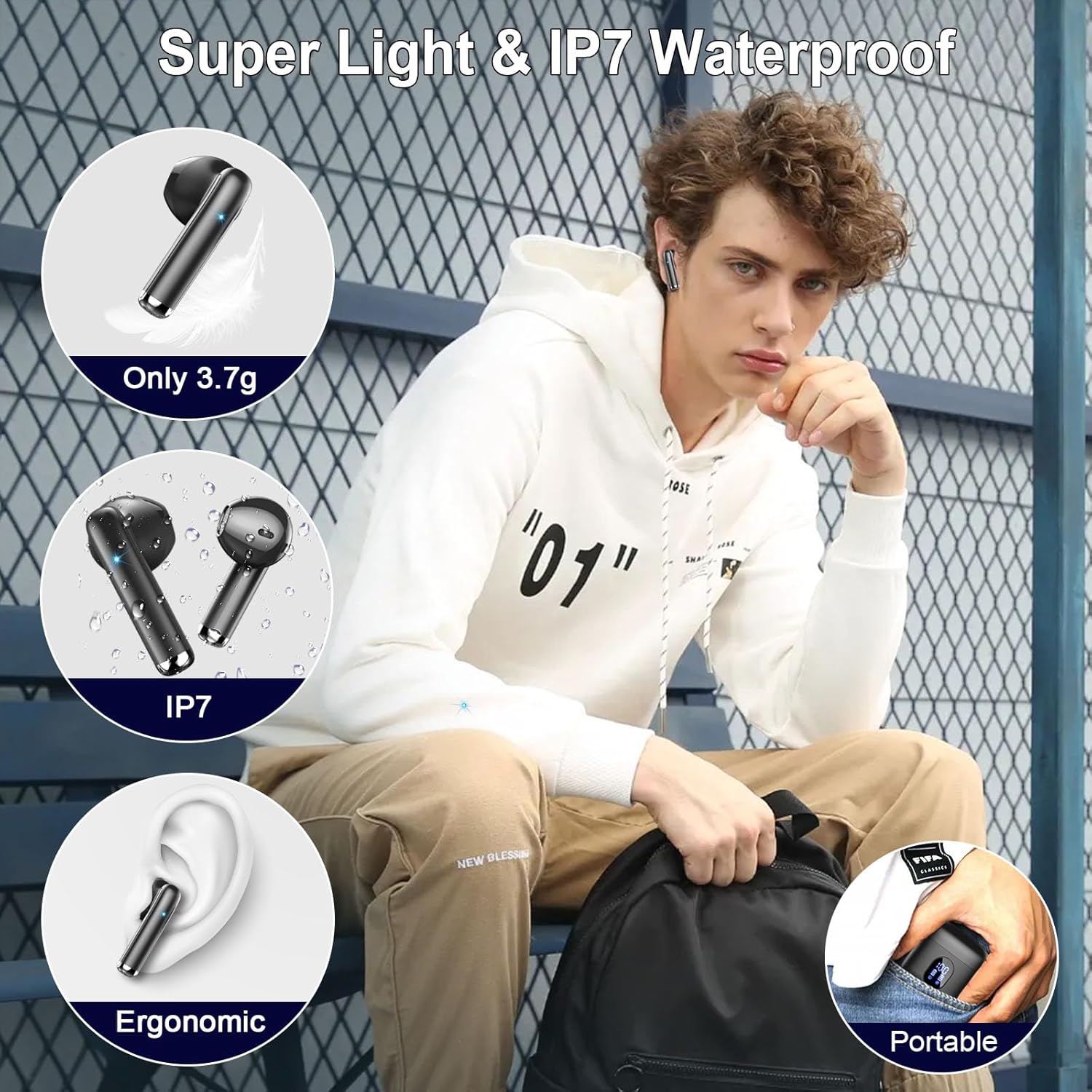 Detalle de Écouteurs Bluetooth sans fil Bluetooth 5.4 avec ENC, HiFi stéréo et réduction de bruit (jusqu’à -48 dB) — 30 h, IP7