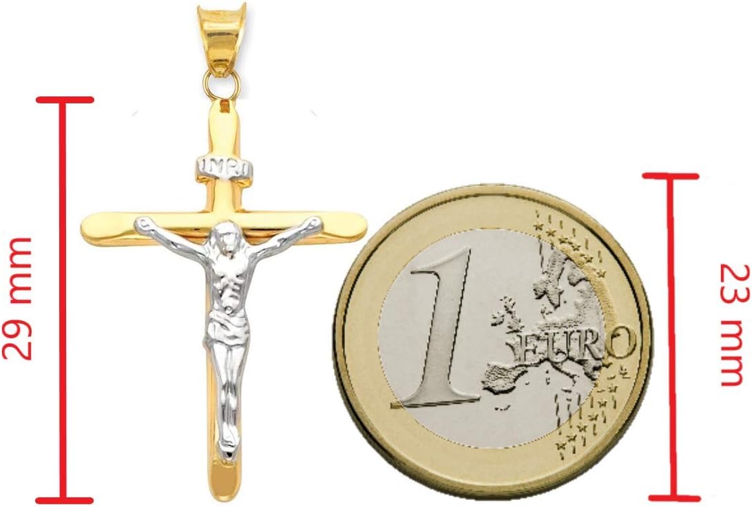 Detalle 2 de Ciondolo bicolore a croce con Gesù in oro bianco e oro giallo 585 – 14 ct, unisex