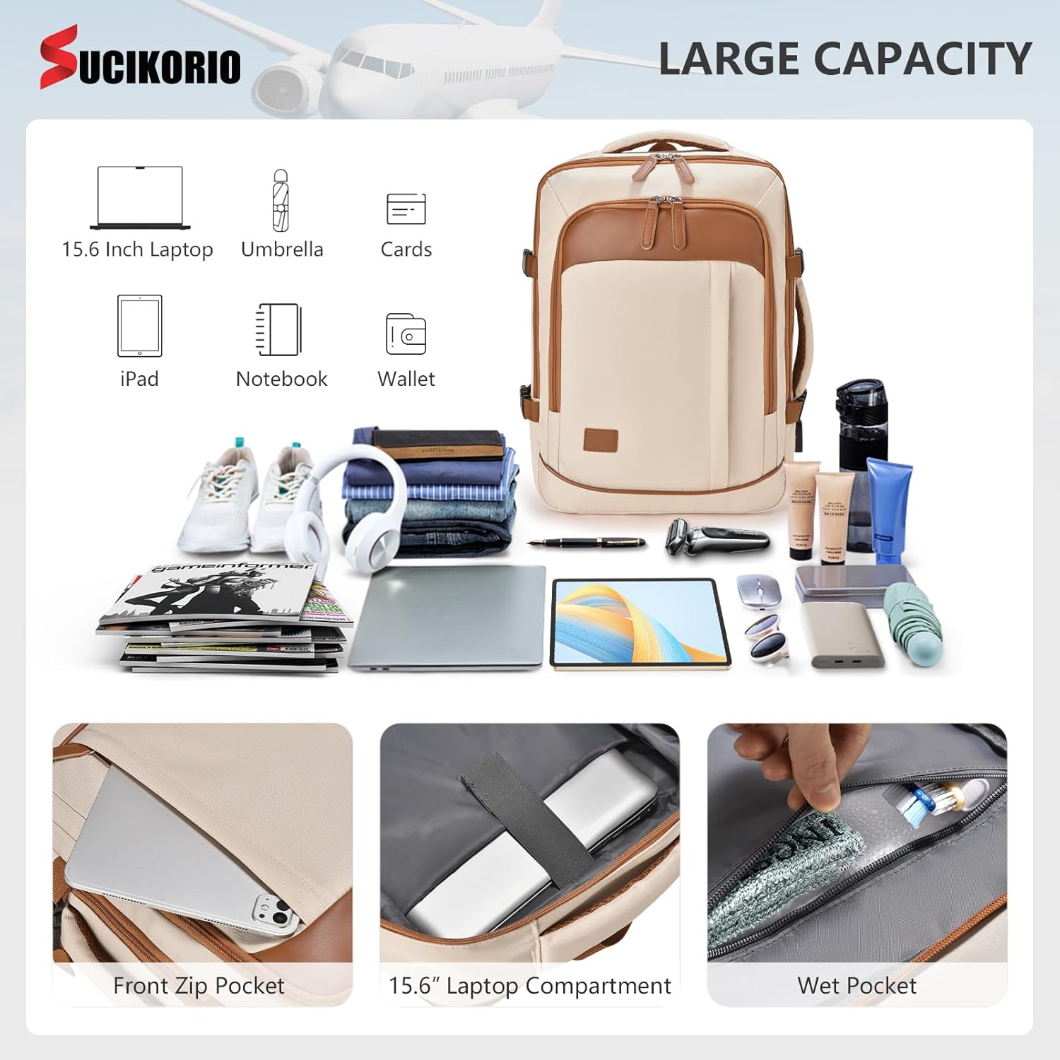 Detalle de SUCIKORIO 40x30x10cm Lufthansa Expandable Travel Backpack – Underseat Cabin Bag with Wet Bag & 3 Small Pouches