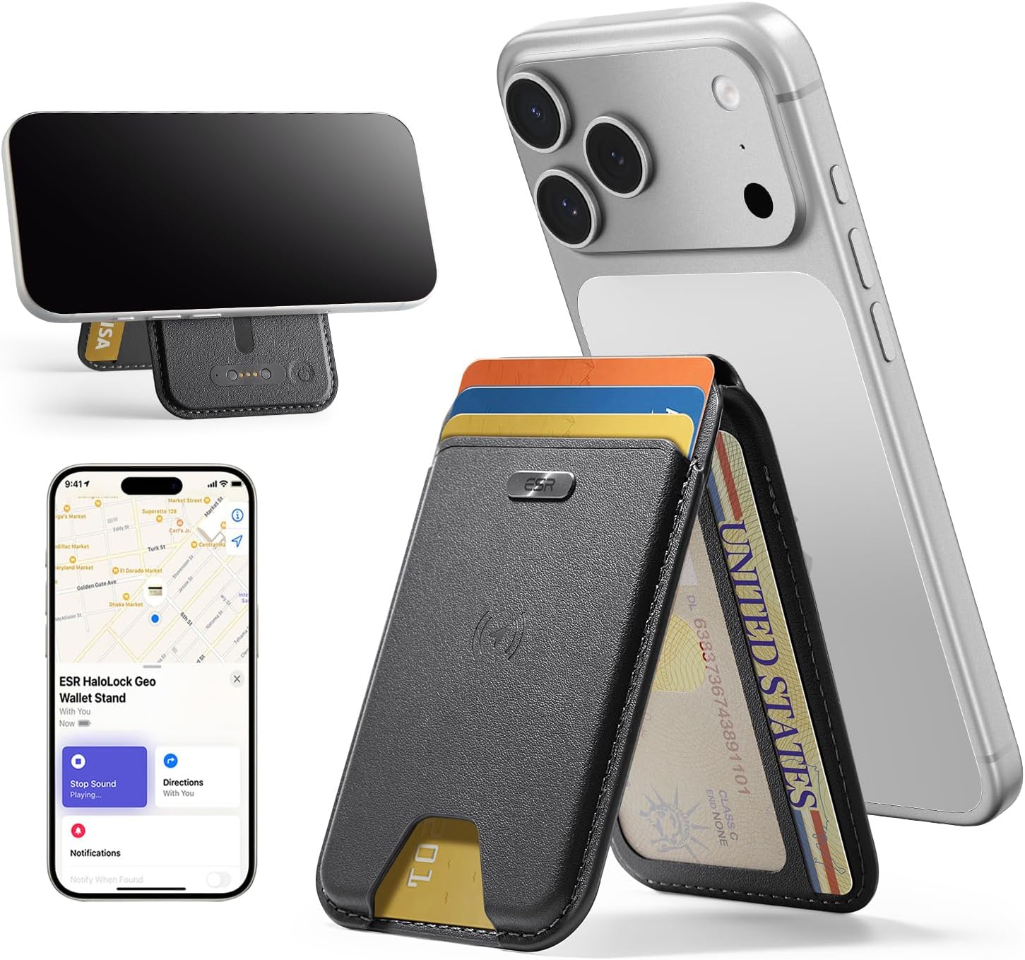Detalle de ESR Geo Porte Carte MagSafe – Porte-cartes magnétique avec Localiser pour iPhone 12 à 17, noir