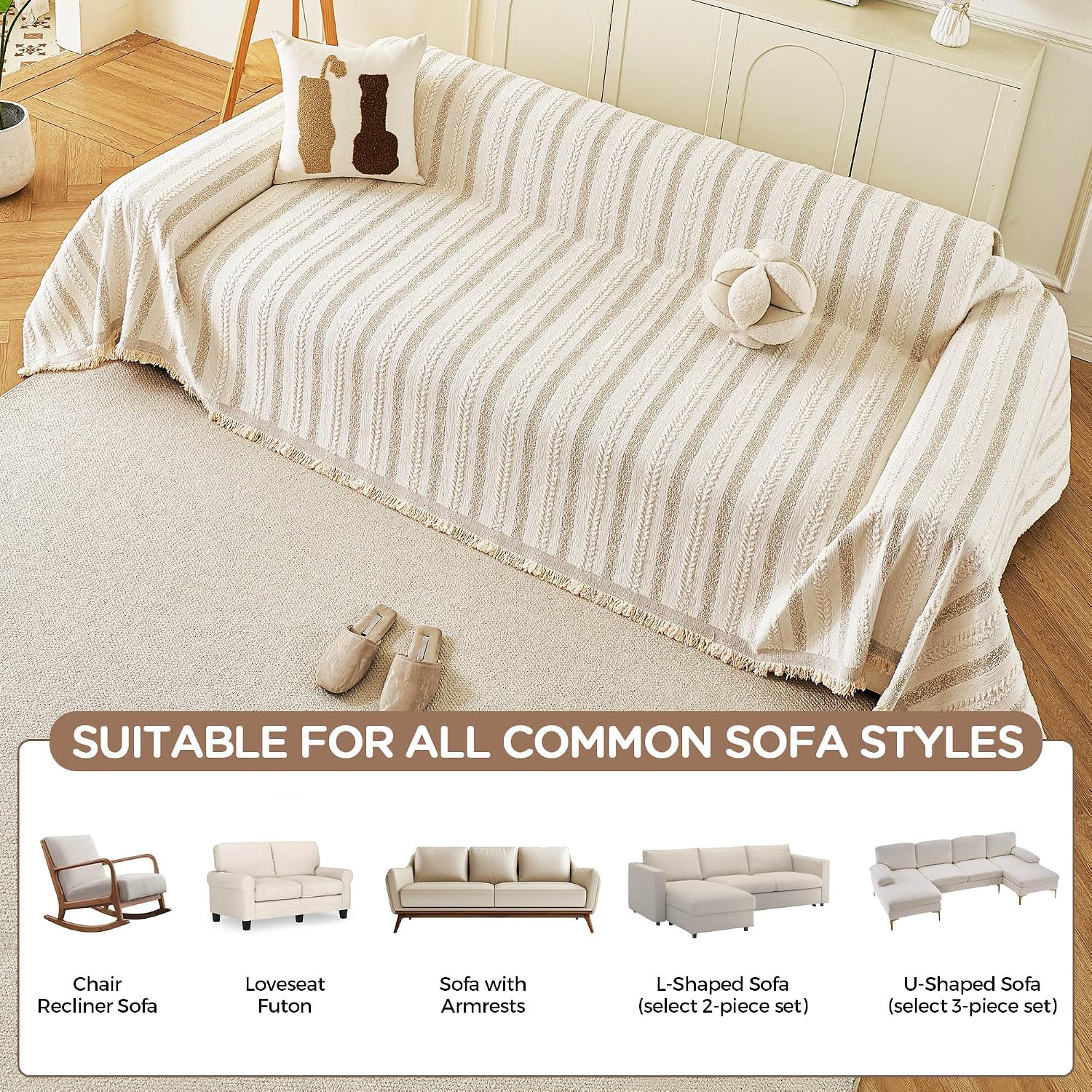 Thumbnail 6 de KaviKon Chenille Sofa Cover, 71 x 134, Striped Beige with Tassels